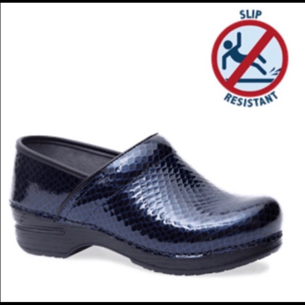 Dansko XP pro clogs blue anaconda print